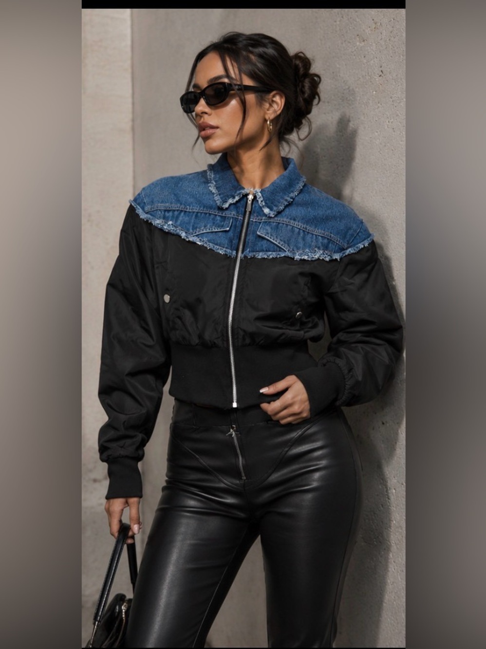 Manière De Voir Denim Yoke Bomber Jacket Black Oversized Streetwear